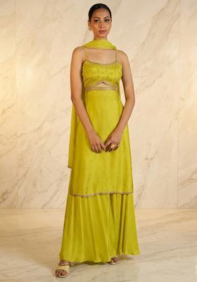 Lime Green Hand Work Sleeveless Sharara Set