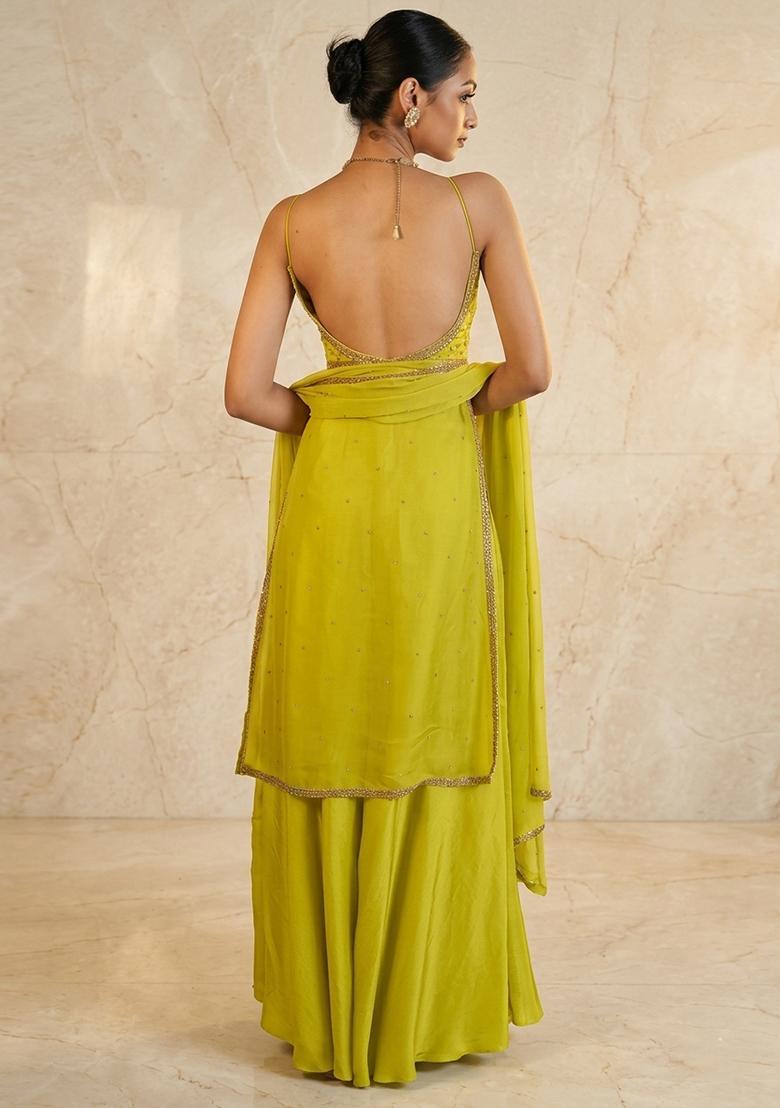 Lime Green Hand Work Sleeveless Sharara Set - Indya
