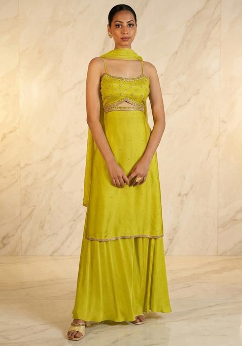 Lime Green Hand Work Sleeveless Sharara Set