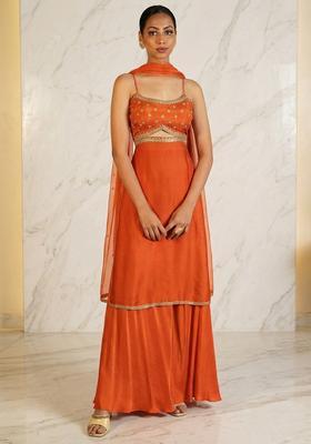 Orange Hand Work Sleeveless Sharara Set
