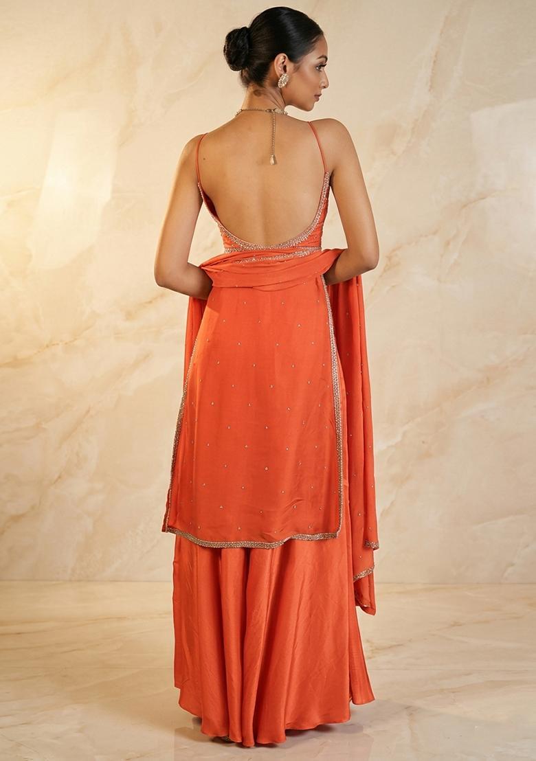 Orange Hand Work Sleeveless Sharara Set - Indya