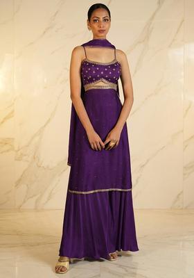 Purple Hand Work Sleeveless Sharara Set