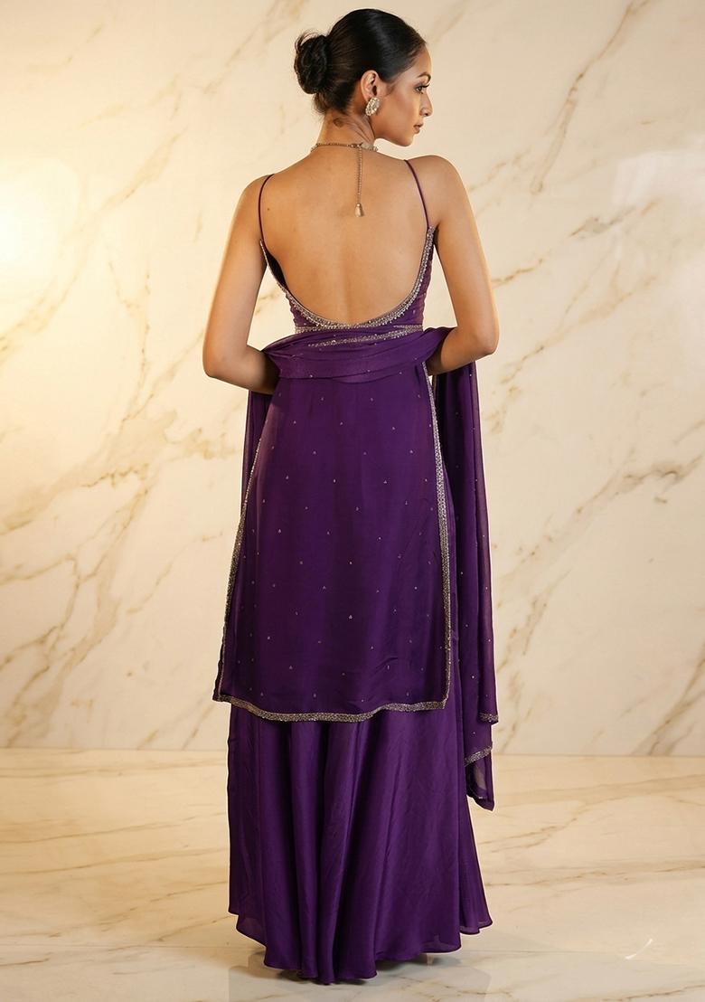 Purple Hand Work Sleeveless Sharara Set - Indya