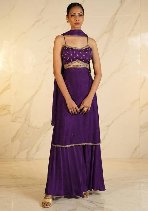 Purple Hand Work Sleeveless Sharara Set