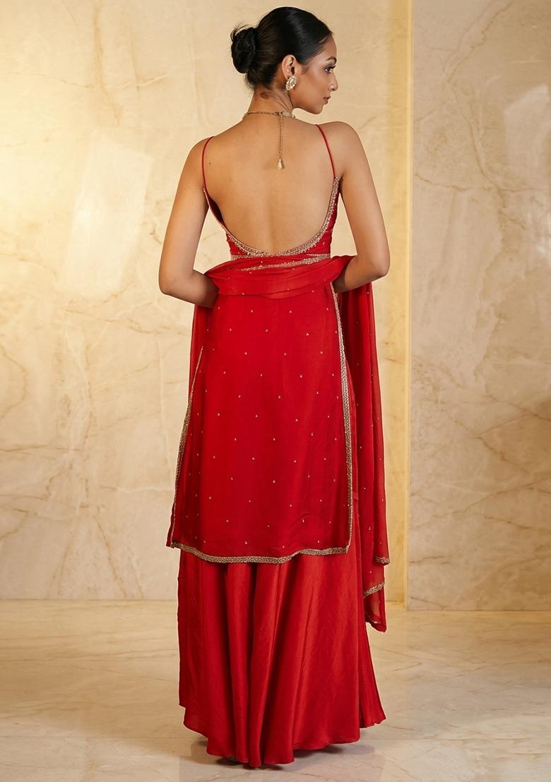 Red Hand Work Sleeveless Sharara Set - Indya