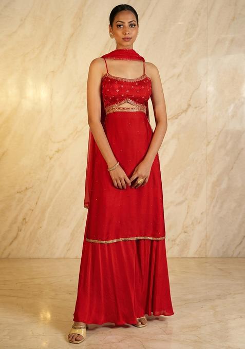 Red Hand Work Sleeveless Sharara Set