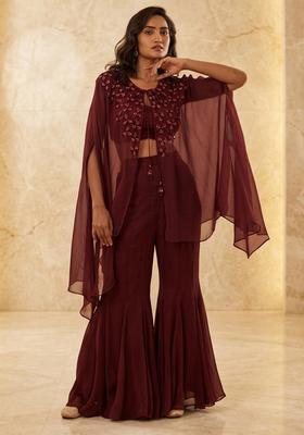 Brown Hand Work Sleeveless Sharara Set