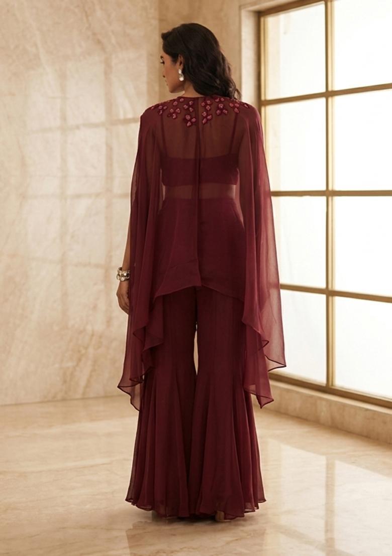 Brown Hand Work Sleeveless Sharara Set - Indya