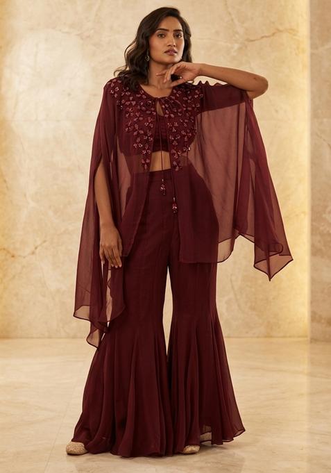 Brown Hand Work Sleeveless Fusion Set