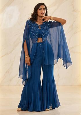 Dark Blue Hand Work Sleeveless Sharara Set