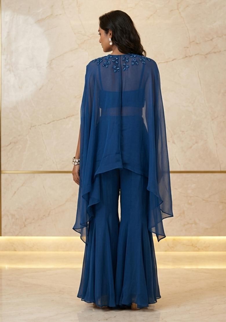 Dark Blue Hand Work Sleeveless Sharara Set - Indya