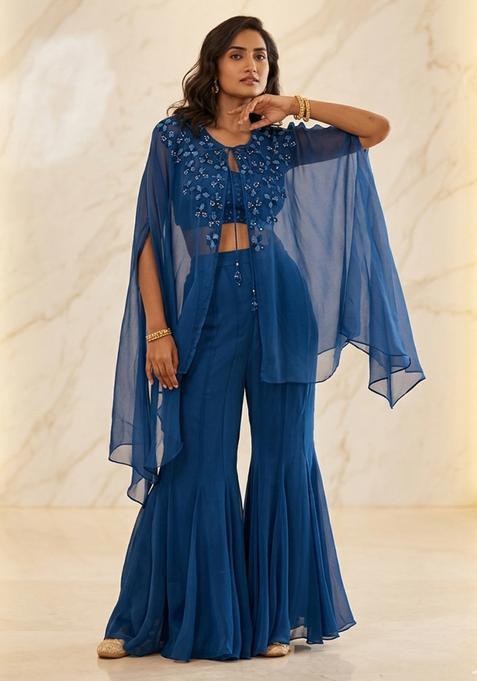 Dark Blue Hand Work Sleeveless Fusion Set