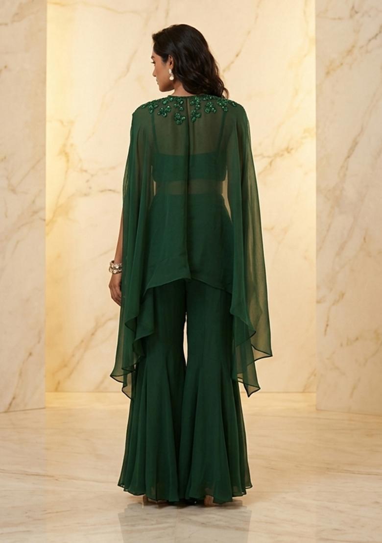 Green Hand Work Sleeveless Sharara Set - Indya