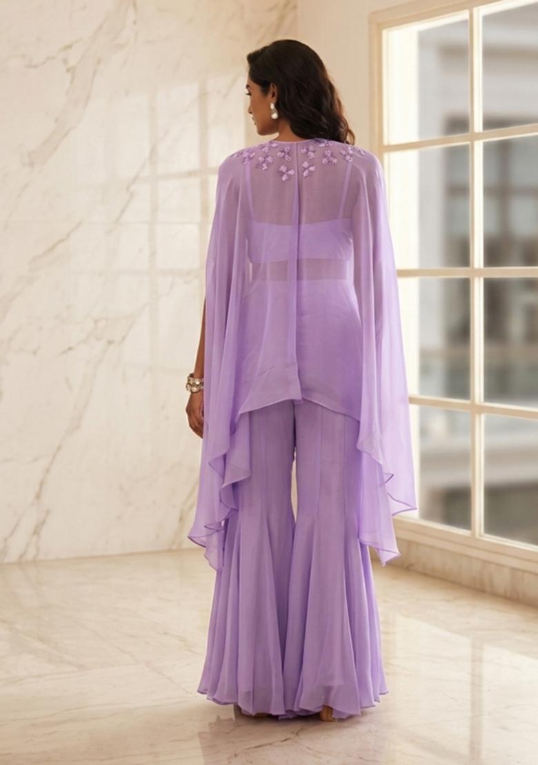 Lavender Hand Work Sleeveless Sharara Set - Indya