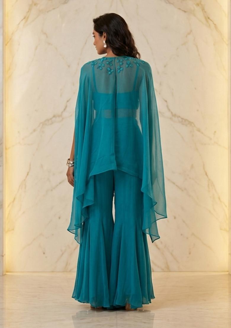 Light Blue Hand Work Sleeveless Sharara Set - Indya