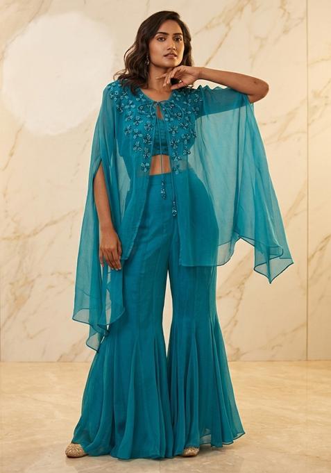 Light Blue Hand Work Sleeveless Sharara Set
