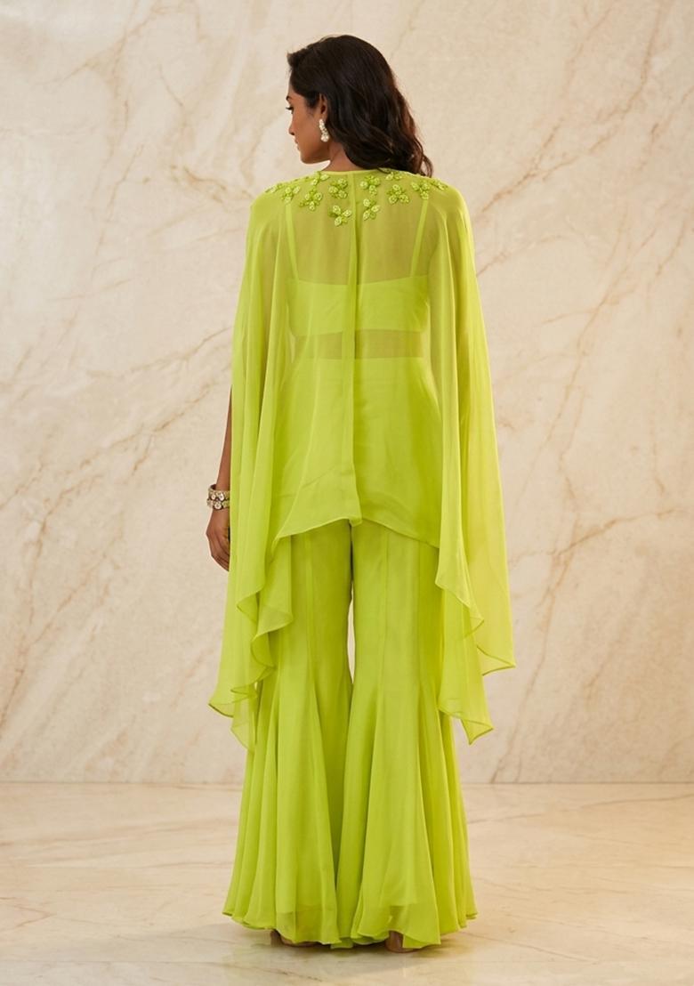 Lime Green Hand Work Sleeveless Sharara Set - Indya