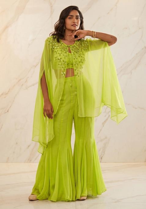 Lime Green Hand Work Sleeveless Fusion Set