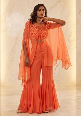 Orange Hand Work Sleeveless Sharara Set