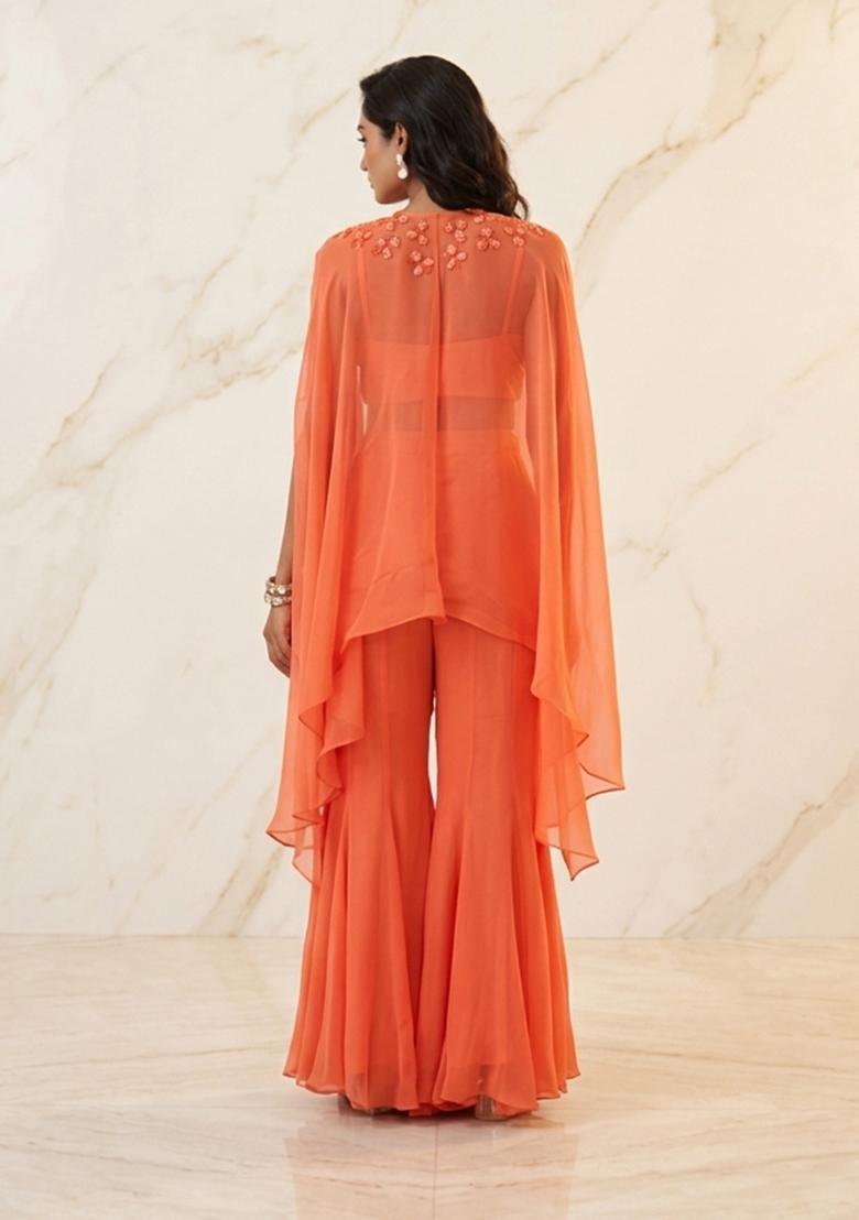 Orange Hand Work Sleeveless Sharara Set - Indya