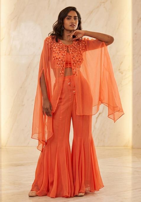 Orange Hand Work Sleeveless Fusion Set