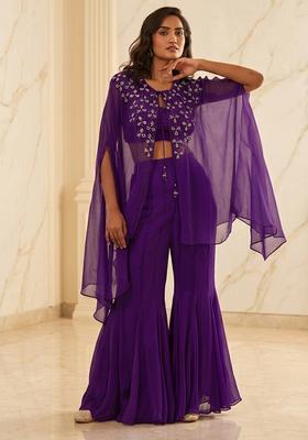 Purple Hand Work Sleeveless Sharara Set