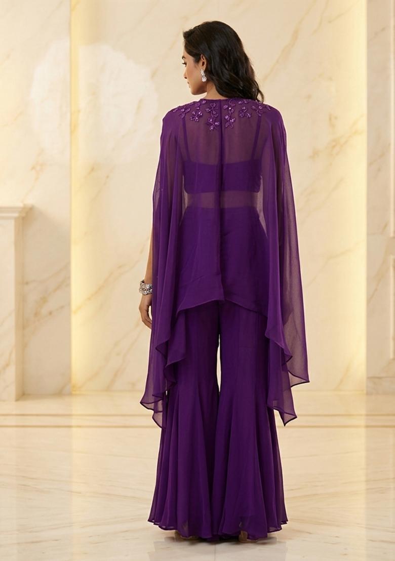 Purple Hand Work Sleeveless Sharara Set - Indya