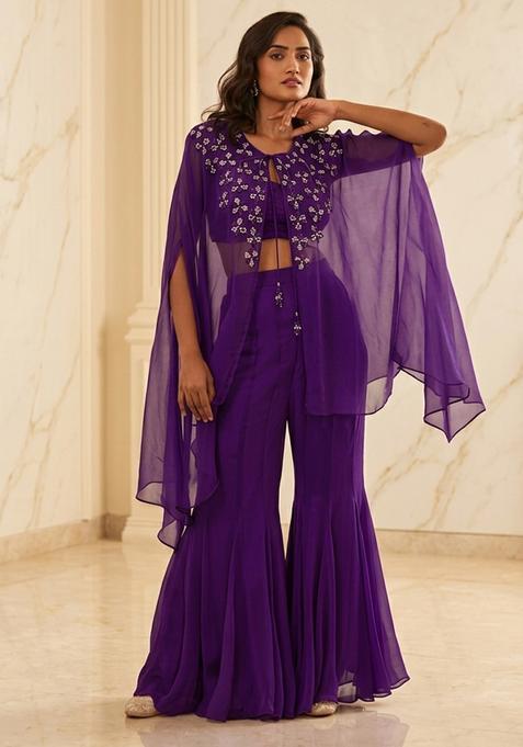 Purple Hand Work Sleeveless Fusion Set