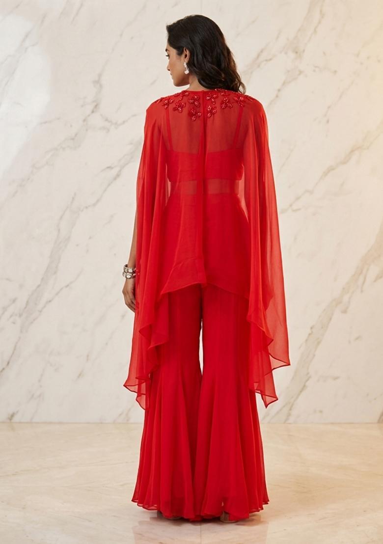Red Hand Work Sleeveless Sharara Set - Indya