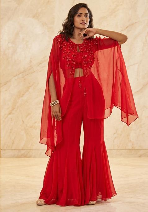 Red Hand Work Sleeveless Fusion Set