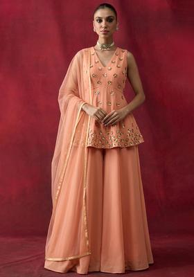 Peach Hand Work Sleeveless Fusion Set