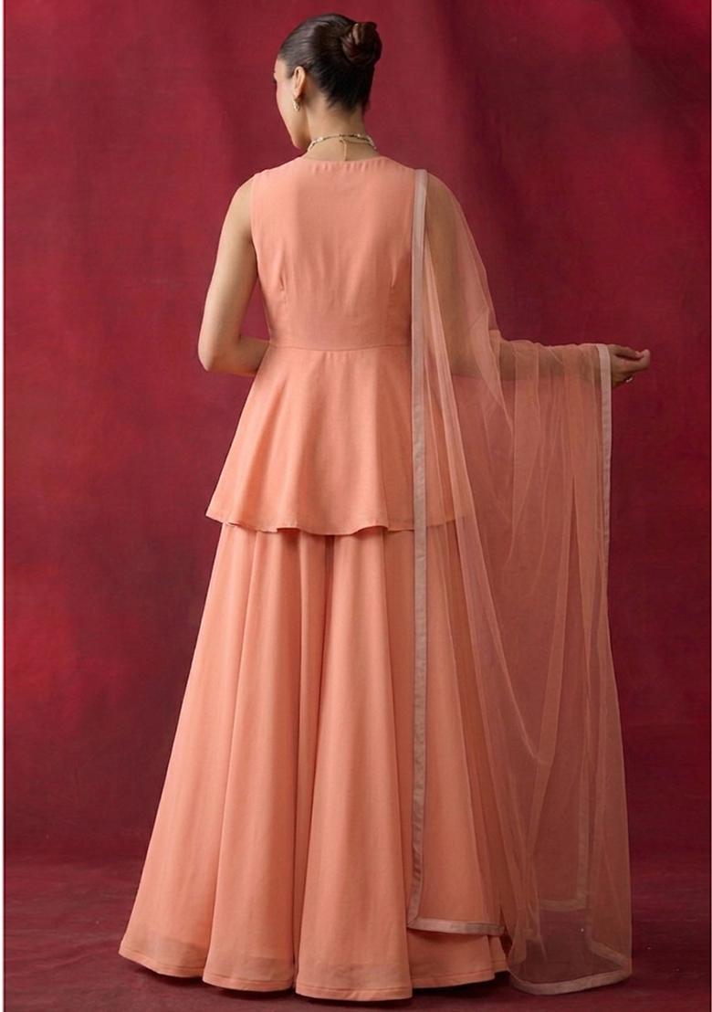 Peach Hand Work Sleeveless Fusion Set - Indya