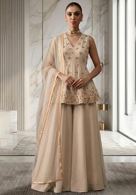 Beige Hand Work Sleeveless Fusion Set