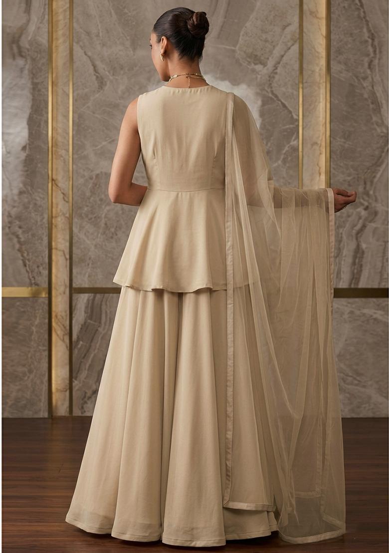 Beige Hand Work Sleeveless Fusion Set - Indya