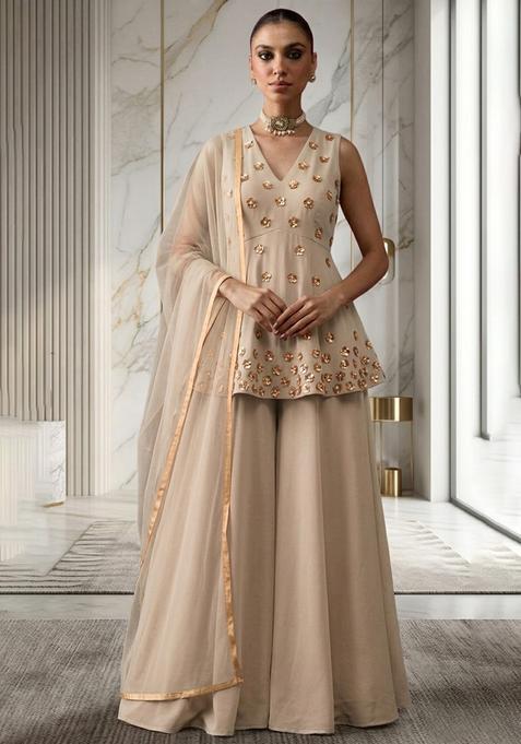 Beige Hand Work Sleeveless Fusion Set