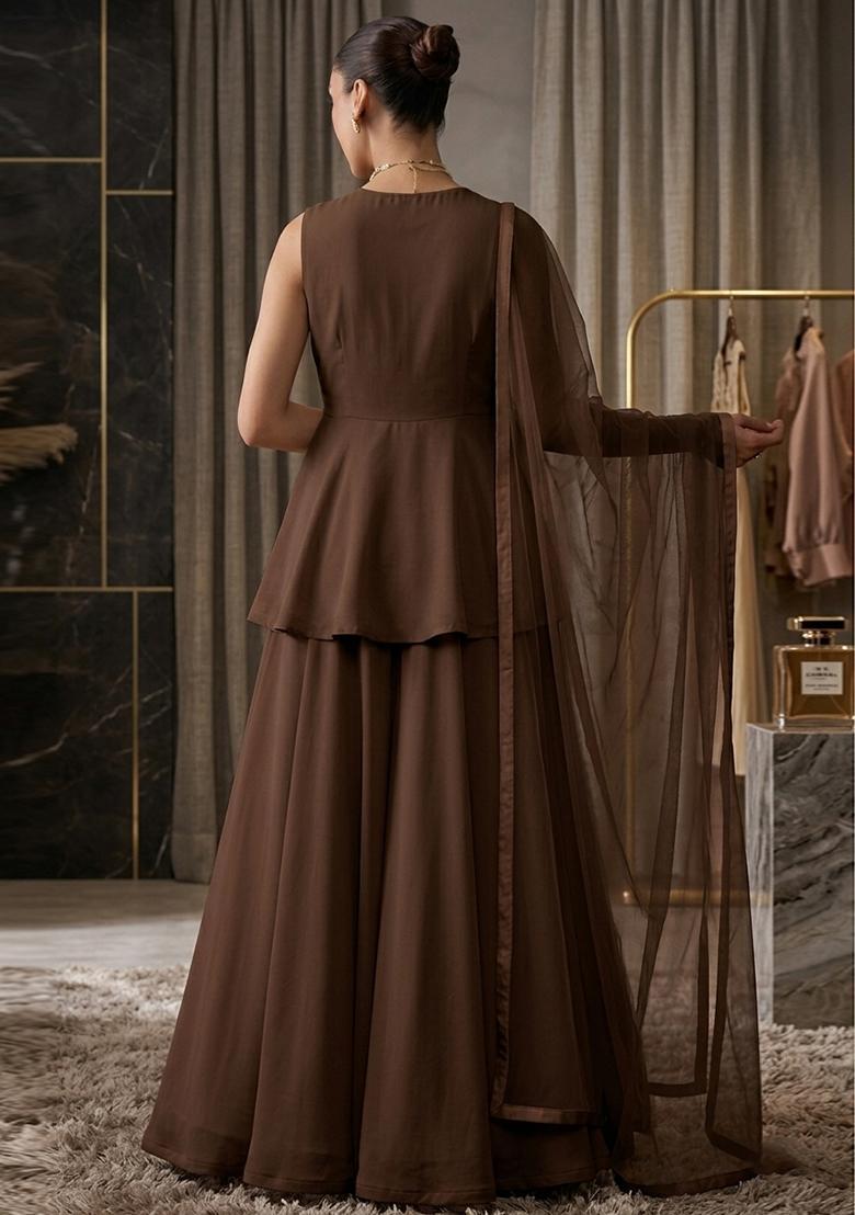 Brown Hand Work Sleeveless Fusion Set - Indya