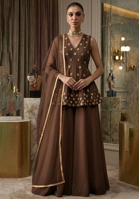 Brown Hand Work Sleeveless Fusion Set