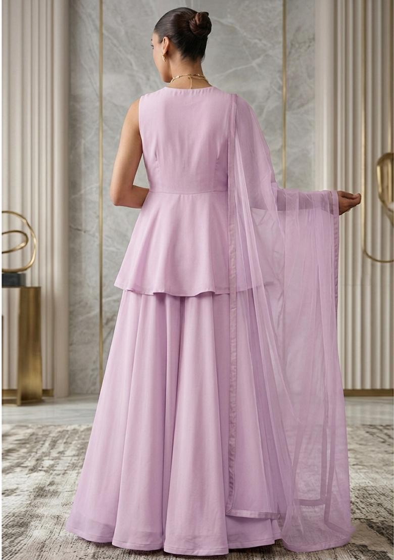 Lavender Hand Work Sleeveless Fusion Set - Indya