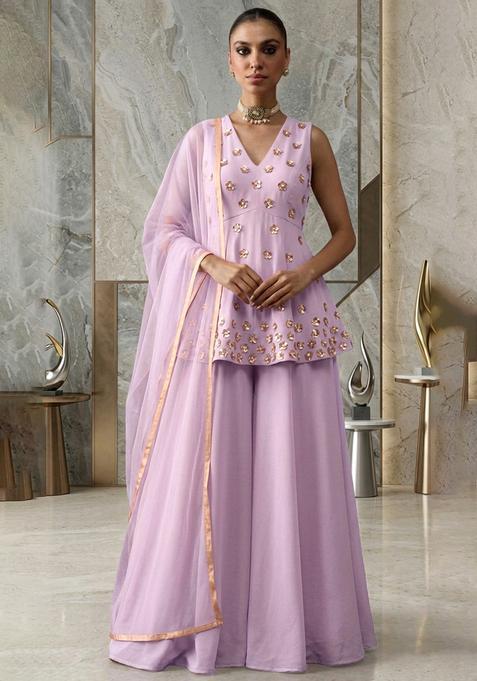 Lavender Hand Work Sleeveless Fusion Set