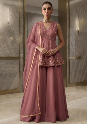 Mauve Hand Work Sleeveless Fusion Set