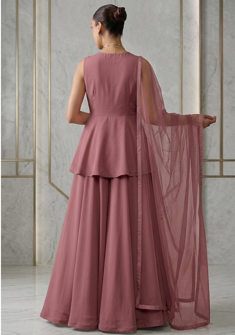 Mauve Hand Work Sleeveless Fusion Set - Indya