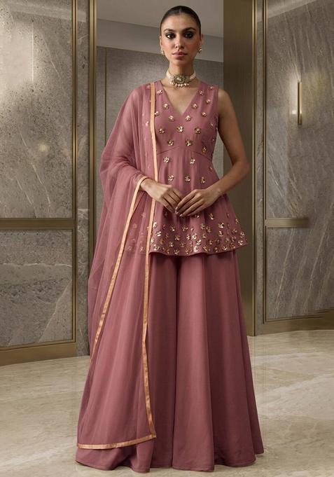 Mauve Hand Work Sleeveless Fusion Set