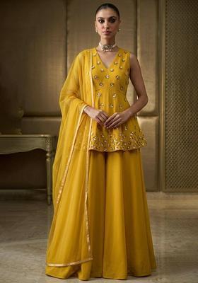 Yellow Hand Work Sleeveless Fusion Set