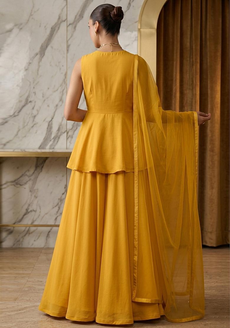 Yellow Hand Work Sleeveless Fusion Set - Indya