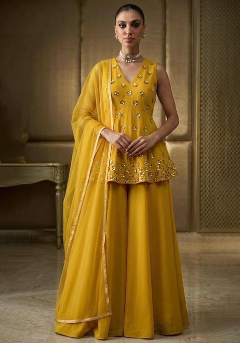 Yellow Hand Work Sleeveless Fusion Set