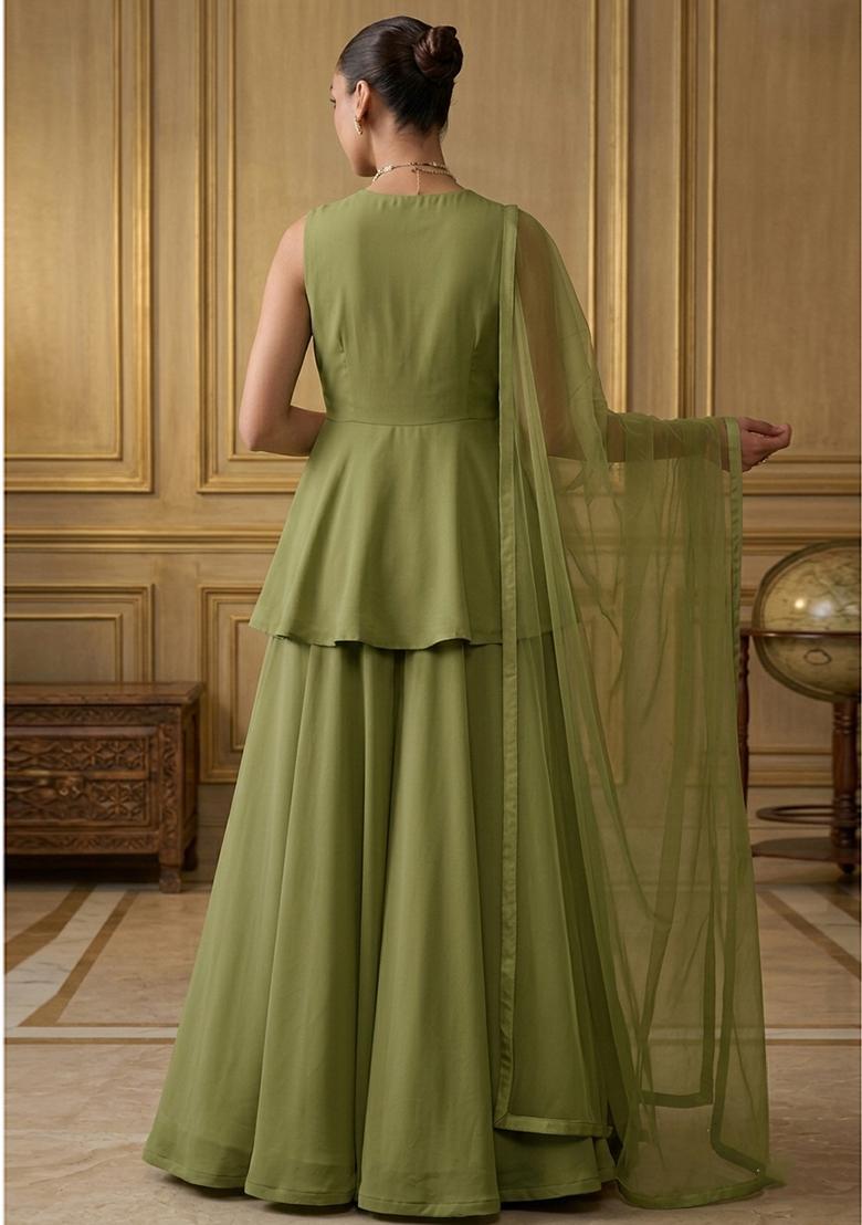 Olive Hand Work Sleeveless Fusion Set - Indya