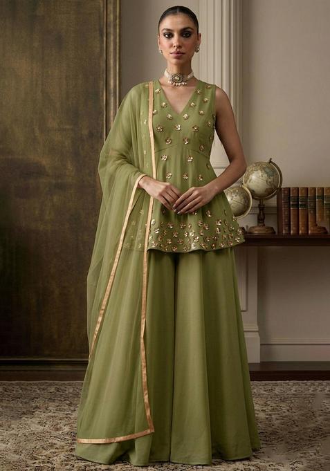 Olive Hand Work Sleeveless Fusion Set