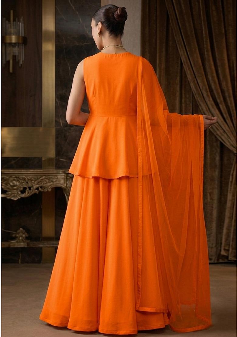Orange Hand Work Sleeveless Fusion Set - Indya