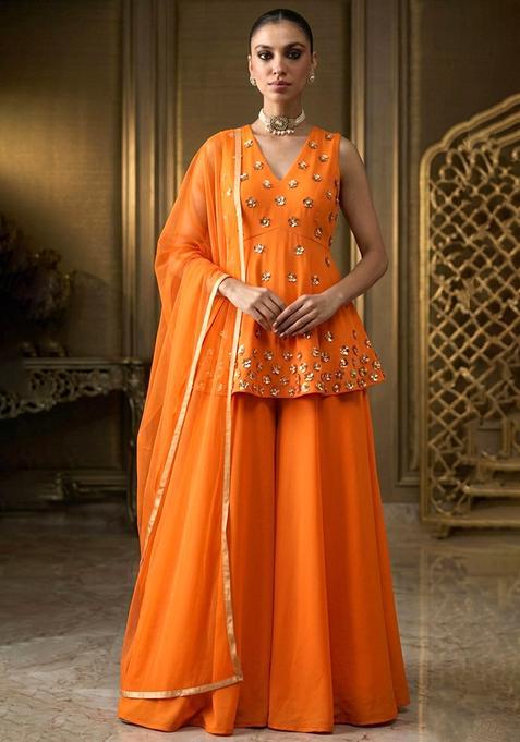 Orange Hand Work Sleeveless Fusion Set