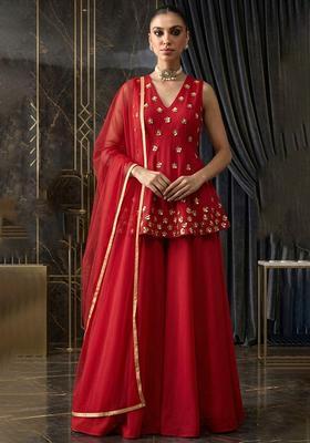 Red Hand Work Sleeveless Fusion Set